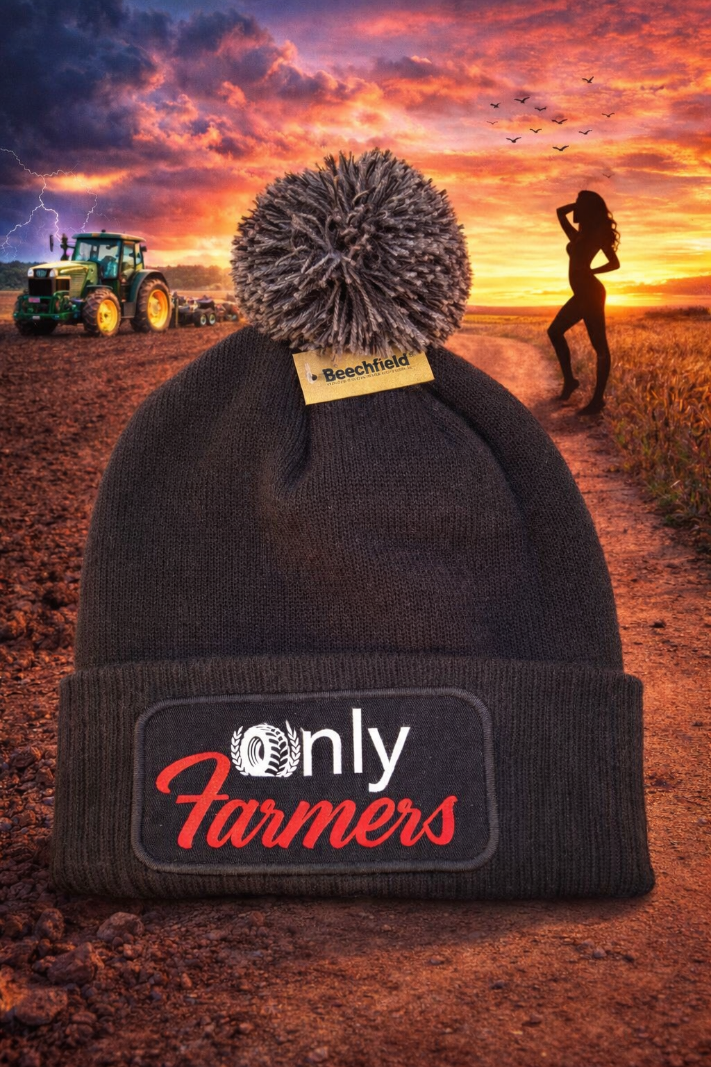 'Only Farmers' Pom Pom Beanie with optional colour logo