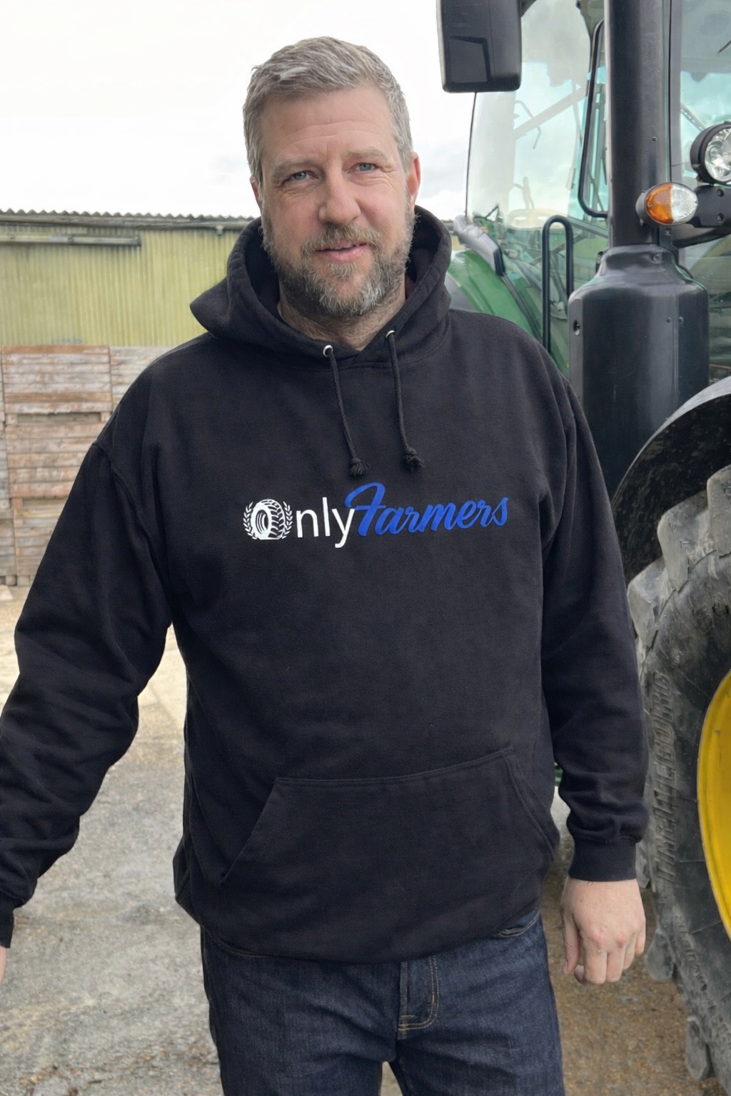 'Only Farmers' Hoodie in Black with optional colour logo
