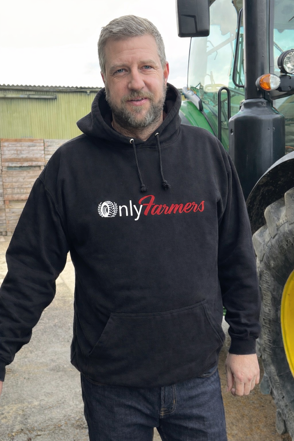 'Only Farmers' Hoodie in Black with optional colour logo