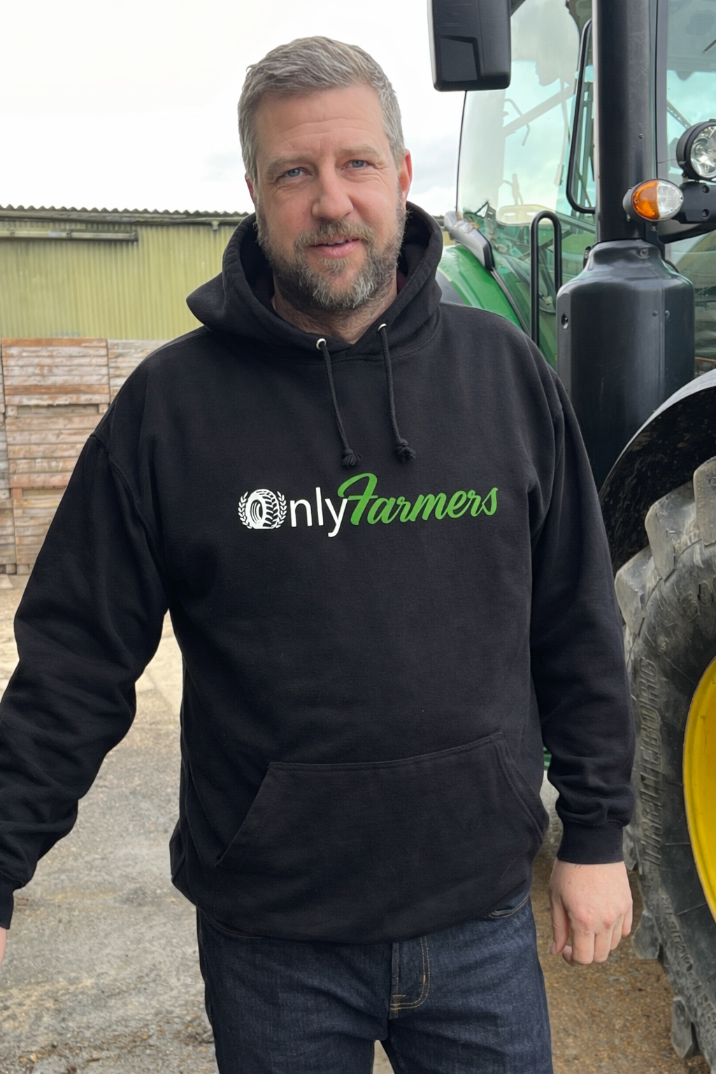 'Only Farmers' Hoodie in Black with optional colour logo