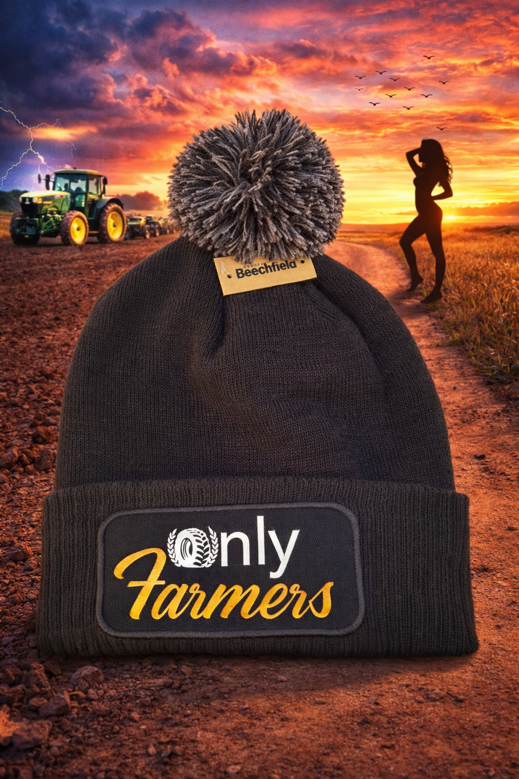 'Only Farmers' Pom Pom Beanie with optional colour logo