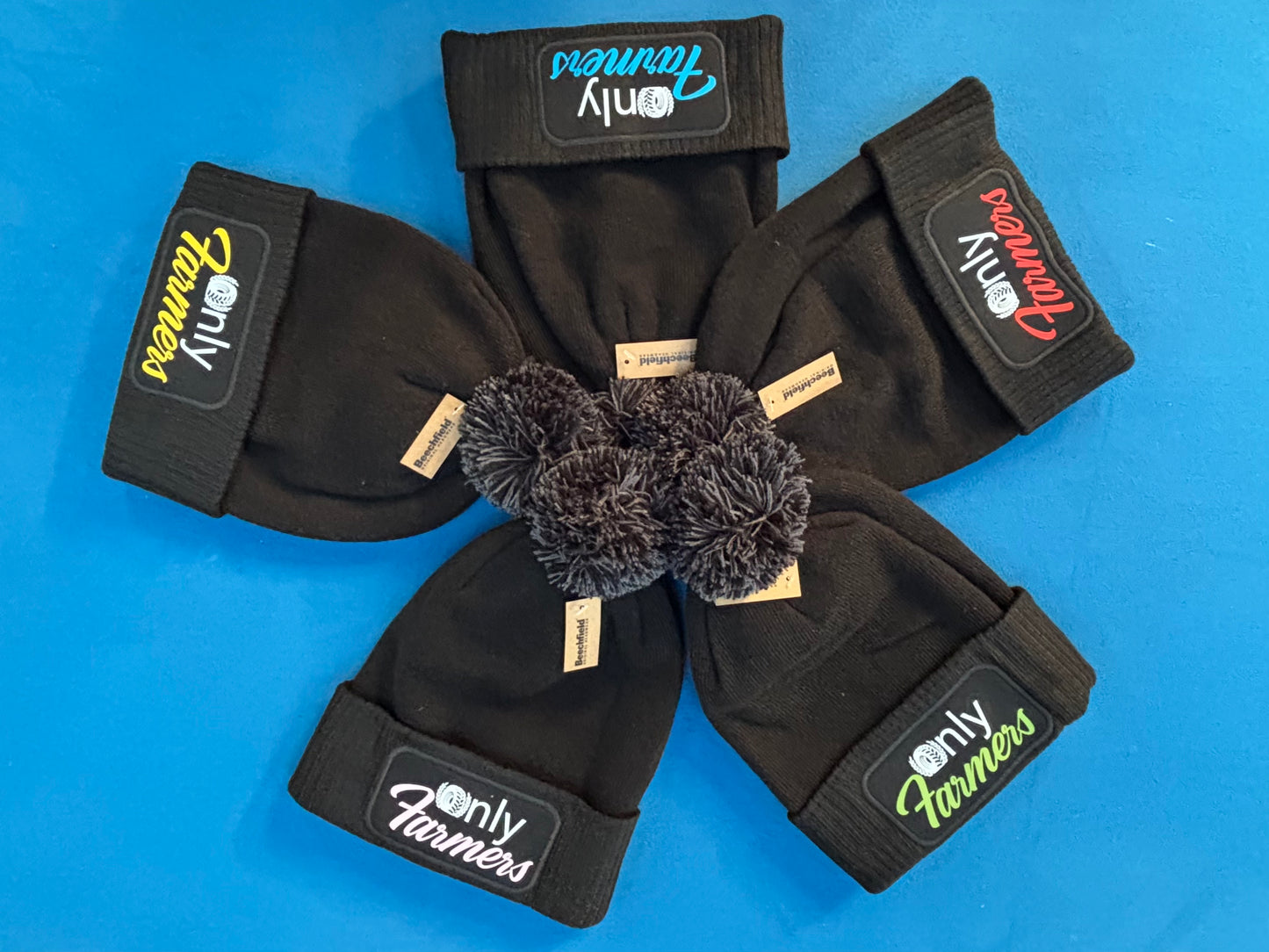 'Only Farmers' Pom Pom Beanie with optional colour logo